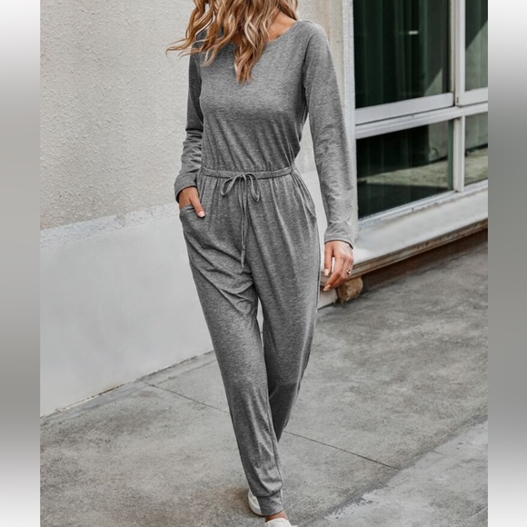 Classic Elegant Asymmetrical Neck Long Sleeve Knot Tie Waist Tee Jumpsuit - Picture 11 of 11